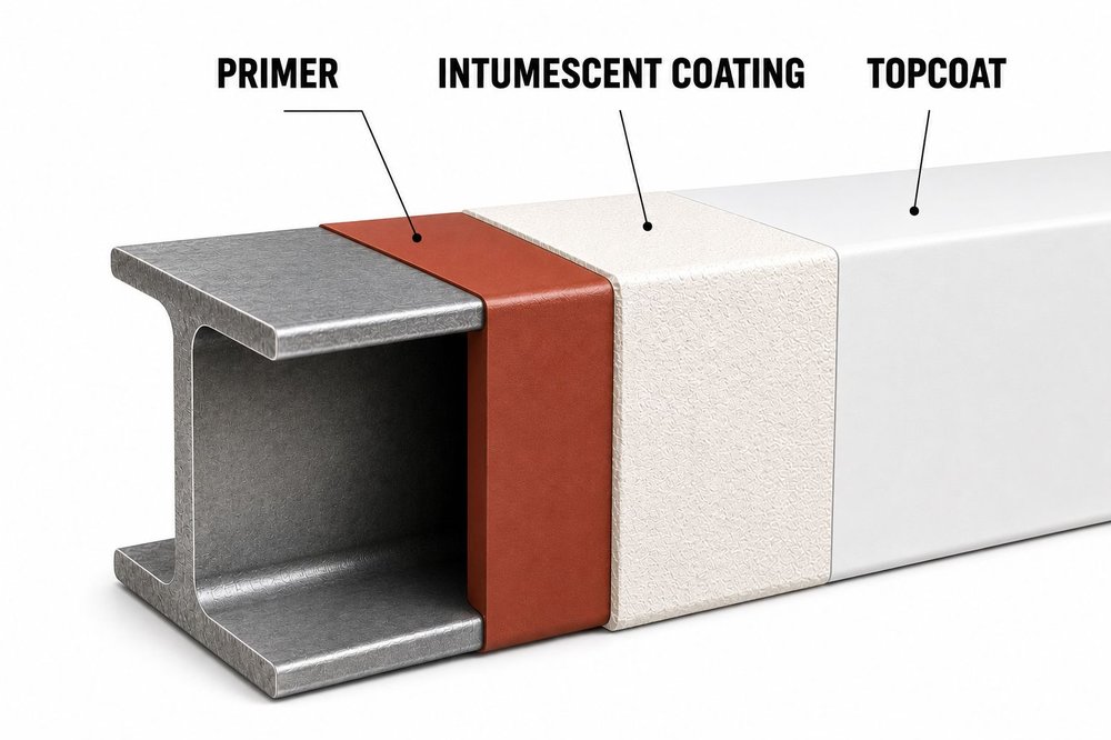 Fireproofing spray applied to steel beams